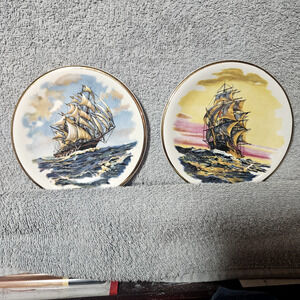 Antique Myott England Nautical Sailing Ship Plates Gold Rim Pair 1901-1921 Prist